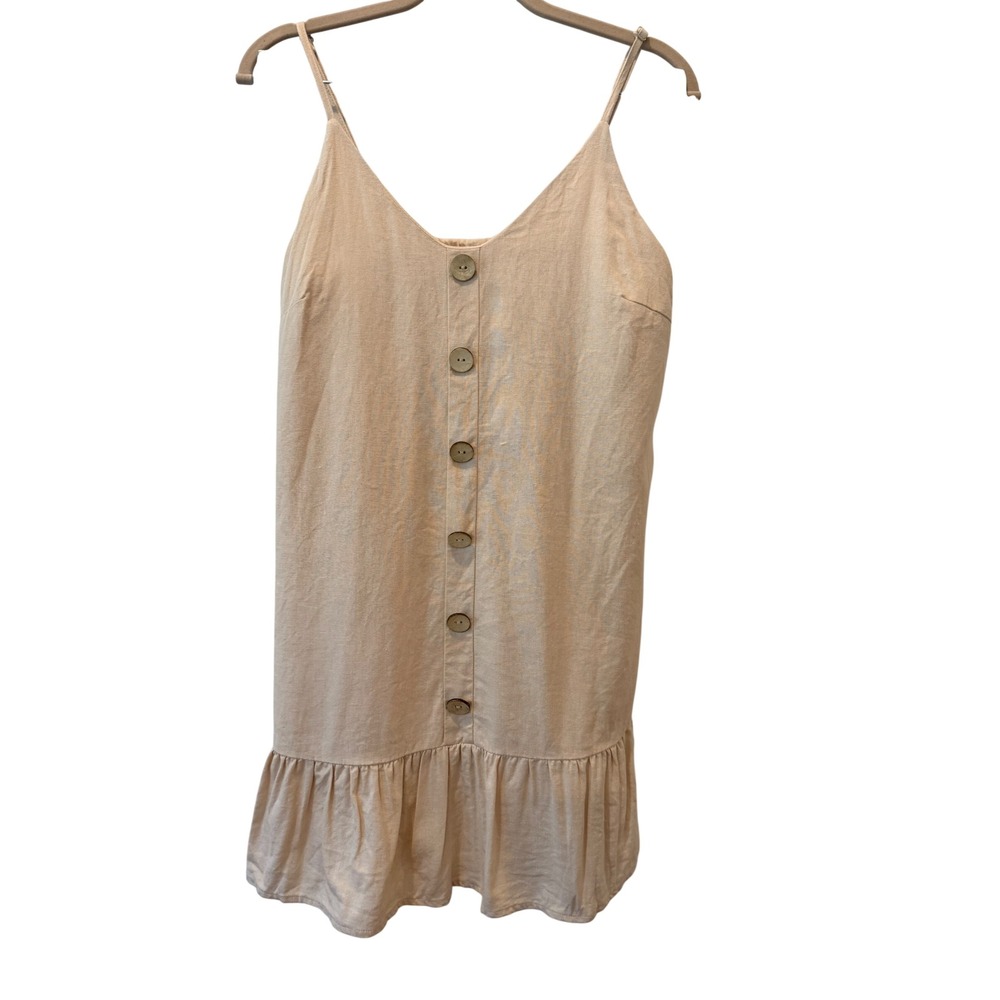 As U Wish Beige Button Front Ruffle Hem Mini Dress Tan Linen Blend Small